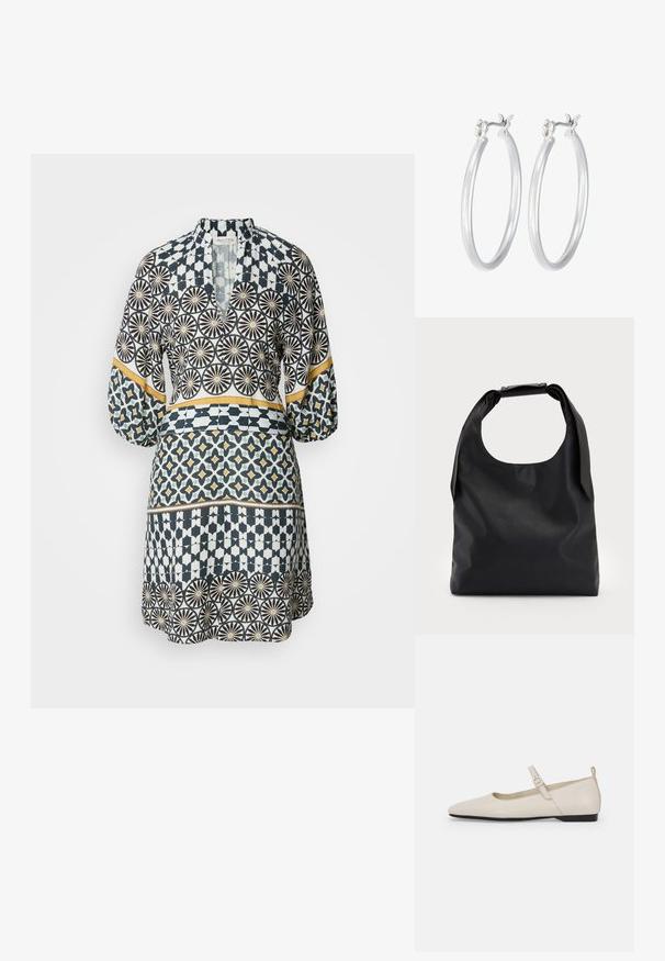 Geomeetriliste mustritega kleit, mis on sinine, valge ja kollane. Pika varrukaga, V-kaelusega ja flared siluetiga, millel on eristatavad osad.; Valgete nahast Mary Jane lamedate kingade kumerad varbad, külgmine pandla ja madal must konts. Sile tekstuur ja minimalistik disain.; Must коммерcный кott sa больше, с хорошоииr rAlpha-gaind да спинай ониигякца; и Storeup вocusedайфиқатяk санжинг ын ал trustだ রতাє 적에и; Hõbedased rõngaskõrvarõngad, millel on sile, läikiv viimistlus. Ümmargune kuju ja turvaline klõpsulatus. Kerge disain, sobib igapäevaseks kandmiseks.