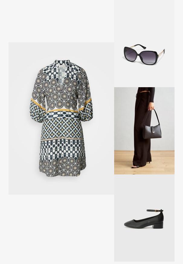 Mønstret kjole med geometriske design i marineblått, hvitt og gult. Lange ermer, V-hals og en utsvingt silhuett med tydelige seksjoner.; Sorte skinnpumper med spiss tå og lav blokkhelt. Har ankelrem med gullfarget spenne. Glatt tekstur.; Sorte oversized solbriller med gradient linser, tykke rammer og detaljering med gulltonekjede på tempelarmene.; Svart håndveske med strukturert form, jevn tekstur og metallisk lås. Kombinert med brede svarte bukser og sandaler med åpen tå på tregulv.