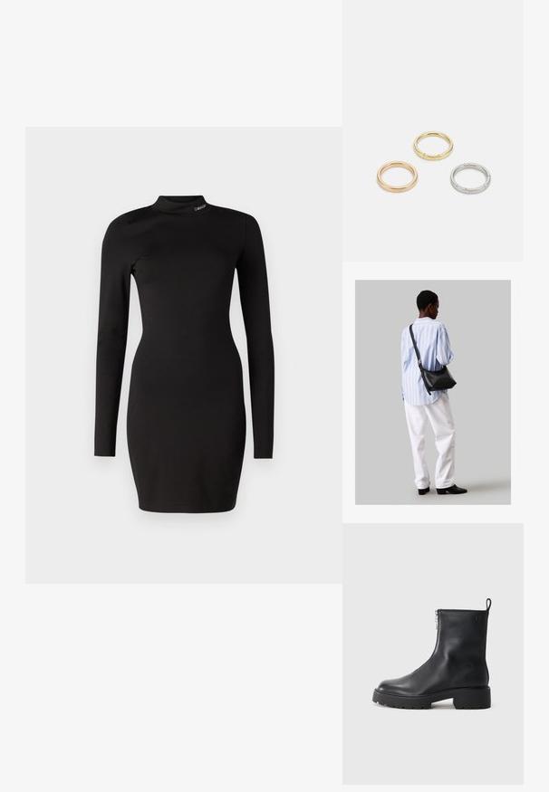 Μαύρο φόρεμα με μακριά μανίκια από ελαστικό ύφασμα, με ψηλό λαιμό και εφαρμοστή σιλουέτα. Λογότυπο της μάρκας στην κορώνα.; Μαύρη δερμάτινη μπότα αστραγάλου με φερμουάρ στο πλάι, στρογγυλή μύτη και χοντρή, υφασμένη σόλα. Διακριτικό λογότυπο στο πλάι.; Μαύρη δερμάτινη τσάντα ώμου με απαλή υφή, τριγωνικό σχήμα και ρυθμιζόμενο λουρί, συνδυασμένη με ένα ανοιχτό μπλε ριγέ πουκάμισο και λευκό παντελόνι.; Τρία μεταλλικά δαχτυλίδια: ένα ροζ χρυσό, ένα χρυσό με υφές και ένα ασημένιο, όλα με εγχαραγμένο λογότυπο στην εσωτερική πλευρά.
