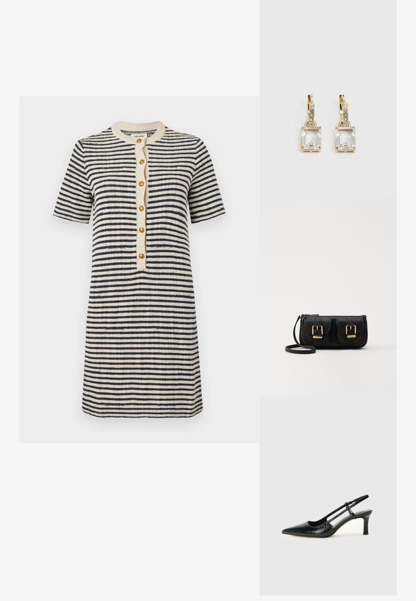 Stripet kjole i krem og marineblå, korte ermer, rund hals, knappes front med gullknapper, teksturert strikket stoff, over knelengde.; Sorte patent slingback hæl med spids tå, featuring tekstureret slangeskind, justerbar rem og en kort, tekstureret blokhæl.; Svart skinn crossbody veske med to frontlommer, gyldne spenner, glidelåslukking og en slank stropp. Teksturert overflate og kompakt rektangulær form.; Gullfargede øreringer med en rektangulær, klar krystall som henger under en rad av små, runde klare akenter. Elegante, moderne design.