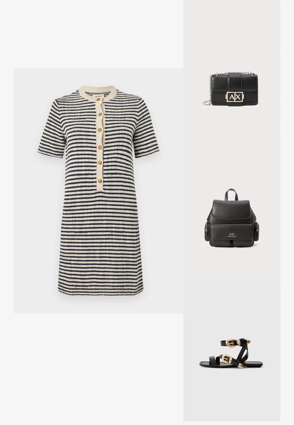 PasiDress w odcieniu kremowym i granatowym, z krótkimi rękawami, okrągłym dekoltem, zapinana na guziki z złotymi guzikami, wykonana z teksturowanej dzianiny, o długości powyżej kolan.; Czarne skórzane sandały z złotymi klamrami, z wieloma paskami i płaską podeszwą, idealne do noszenia na gołe palce.; Czarna skórzana plecak z klapą, przednią kieszenią, bocznymi kieszeniami na zamek oraz uchwytem u góry. Ma logo na przedniej stronie.; Czarna skórzana torebka z pikowanym wzorem, srebrnym łańcuszkiem i wyraźnym srebrnym logo "AX" z przodu. Kompaktowy prostokątny kształt.