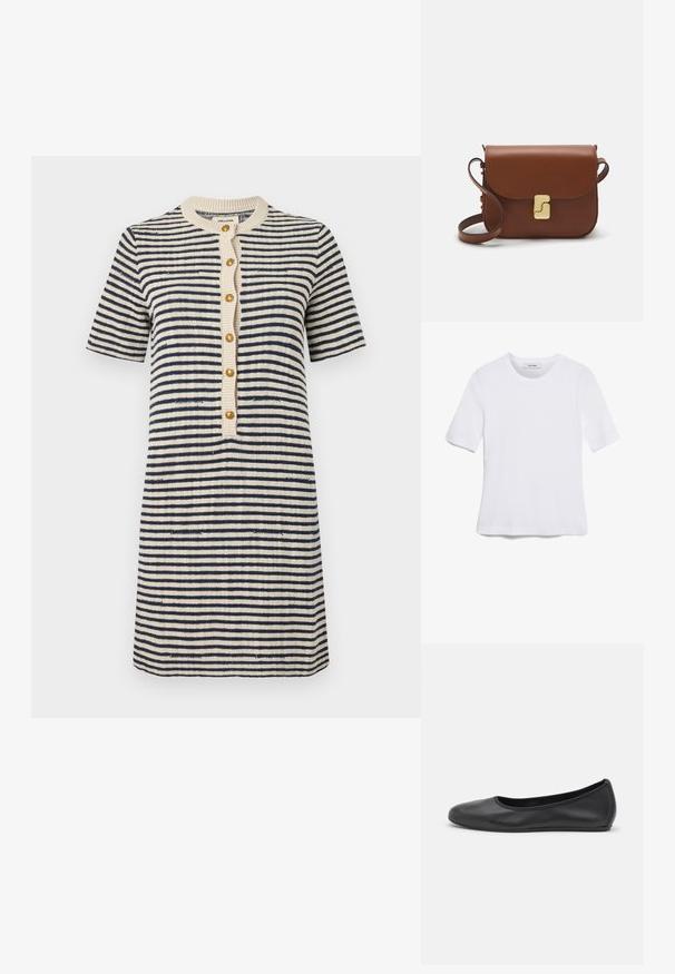 Csíkos ruha krém és tengerészkék színben, rövid ujjal, kerek nyakkivágással, gombos előlapon arany gombokkal, texturált kötött anyagból, térd felett hosszal.; Fehér, rövid ujjú póló ribbed anyagból. Kerek nyakkivágás, normál szabás és diszkrét varrási részletek. Nincsenek minták vagy grafikák.; Fekete bőr balettcipő lekerekített orral, sima tekstúrával, minimális varrással és rugalmas talp kialakítással.; Barna bőr kézitáska, hajtókás zárással, arany színű fém kiegészítőkkel, vállpánttal és sima felülettel. Kompakt téglalap alakú.
