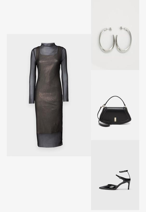 Juodas tinklinis suknelė ilgomis rankovėmis, turinti prigludusią siluetą. Savybės: kvadratinis kirpimas ir permatomas uždengimas. Lygus tekstūra su sluoksniuota konstrukcija.; Juodos lakinės odos aukštakulnės su smailiu koja, reguliuojamais kulkšnies dirželiais ir lieknu kulnu. Lygus paviršius su blizgiu apdaila.; Juoda odinė rankinė su struktūrizuotu dizainu, turi trumpą formą, viršutinę rankeną ir auksinius akcentus. Pridėtas reguliuojamas peties diržas.; Sidabriniai apvalūs auskarai su lygiu, išlenktu dizainu. Yra blizgus metalinis paviršius ir smeigtukų uždarymas. Nėra matomų raštų ar akcentų.