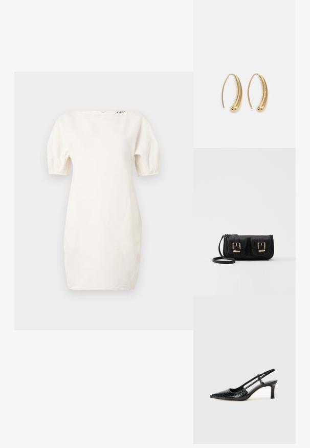Robe blanche à manches courtes avec encolure bateau et manches bouffantes. Fabriquée dans un matériau lisse, elle présente un logo près de l'encolure et une fermeture éclair au dos.; Escarpin slingback en vernis noir avec un bout pointu, présentant un imprimé serpent texturé, une sangle réglable et un petit talon bloc texturé.; Sac en cuir noir porté en travers avec deux poches avant, boucles dorées, fermeture zippée et une sangle fine. Surface texturée et forme rectangulaire compacte.; Boucles d'oreilles en métal doré en forme d'anneau, avec une forme courbée et allongée. Elles présentent une surface lisse et brillante avec une pointe arrondie pour un détail supplémentaire.