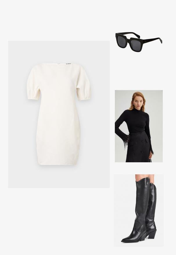 Fehér, rövid ujjú ruha, széles nyakkivágással és puffos ujjakkal. Simább anyagból készült, a nyakrész közelében egy logó található, valamint hátul cipzárral záródik.; Fekete, hosszú ujjú blúz álló gallérral és tollas részletekkel az ujjak végén, amelyet egy magas derekú fekete szoknyával párosítottak, nagy gombokkal.; Fekete bőrcipő, térdig érő, hegyes orral, ívelt szárral és masszív sarokkal. Simás textúrával rendelkezik, és a tetején húzófülek találhatók.; Fekete téglalap alakú napszemüveg vastag műanyag kerettel és sötét lencsékkel. A szárak letisztultak, fényes felületűek és minimális márkázással rendelkeznek.; Fekete bőr táska ívelt kialakítással, arany színű fémrészletekkel és felső fogantyúval. Csúszásmentes záródás és sima textúra jellemzi.