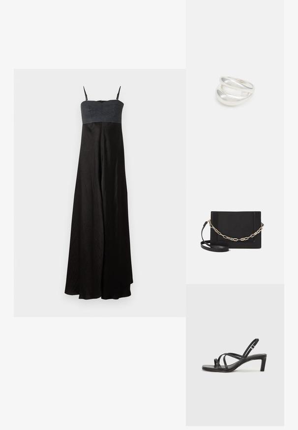 Melnas, garas kleitas ar pieguļošu bezsānu korpusu tumši pelēkā krāsā, izgatavota no gludas auduma ar subtilu spīdumu. Pielāgojamas spageti siksnas.; Melnas strappy sandales ar kvadrātveida purngaliem un zemu bloku papēdi. Ievērojamas ar vairākiem plāniem siksniņām un regulējamu potītes siksniņu. Izgatavotas no gludas ādas.; Melna ādas crossbody soma ar gludu faktūru, taisnstūrveida formu un metalizētu ķēdes detaļu priekšā. Iekļauta regulējama siksna.; Sudraba divu joslu gredzens ar gludu, pulētu virsmu. Iezīmējas ar plūstošu, izliekta dizaina struktūru ar pārklājošām sekcijām modernam izskatam.