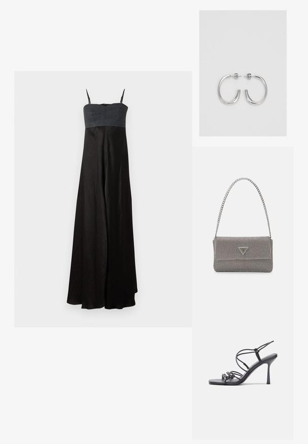 Black, long dress with a fitted strapless bodice in solid dark gray, made from smooth fabric with a subtle sheen. Adjustable spaghetti straps.; Black high-heeled sandals feature thin straps with a knotted design, a smooth square toe, and a sleek stiletto heel.; Light gray metallic handbag featuring a chain strap, embellished with small circular metallic studs and a triangular brand logo.; Silver hoop earrings with a smooth, shiny finish. Rounded shape, lightweight design, featuring a post-back closure.