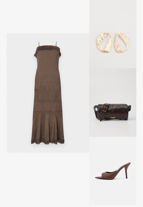 Braunes, ärmelloses Kleid mit geschnürtem Oberteil, gestuftem Rock und Fransen am Ausschnitt und Saum. Weicher, strukturierter Stoff.; Braune Leder-Open-Toe-Hochhackige Mules mit einem eleganten Design, das einen breiten Vorderriemen und einen schlanken Stiletto-Absatz aufweist.; Braune, krokodilgeprägte Lederhandtasche mit zylindrischer Form, goldfarbener Hardware und einem abnehmbaren Tragegurt mit Nieten.; Ein Paar unregelmäßige, oval geformte Ohrringe aus goldfarbenem Metall mit einer strukturierten, leicht gehämmerten Oberfläche auf weißem Hintergrund.