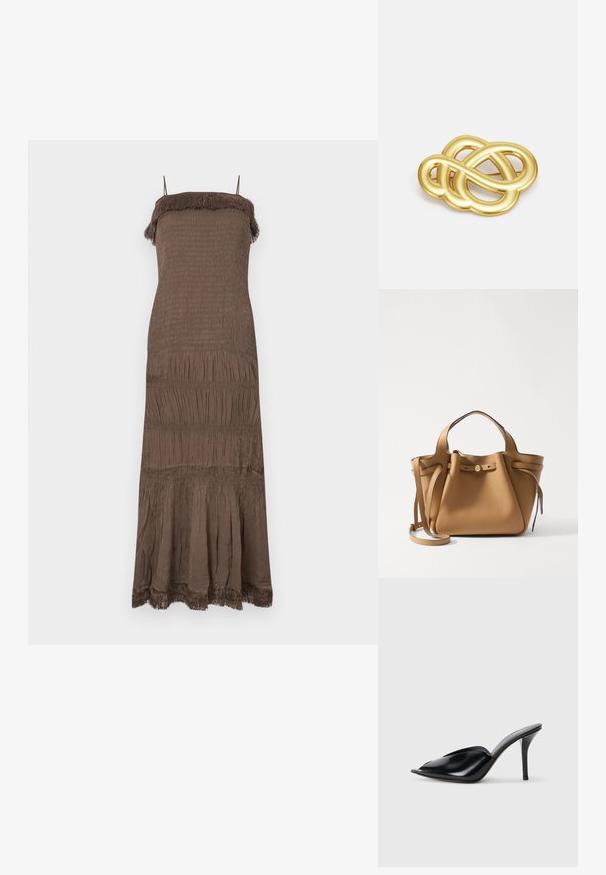 Robe marron sans manches avec un corsage smocké, une jupe à volants et des détails à franges au niveau de l'encolure et de l'ourlet. Tissu doux et texturé.; Mules à talons hauts en cuir noir, avec un design à bout ouvert, pointu, texture lisse et un fin talon aiguille.; Tory Burch ROMY PEBBLED SATCHEL - Sac à main - tiramisu; Broche doré présentant un design noué avec des lignes lisses et courbées, et une forme complexe, reflétant une finition polie.