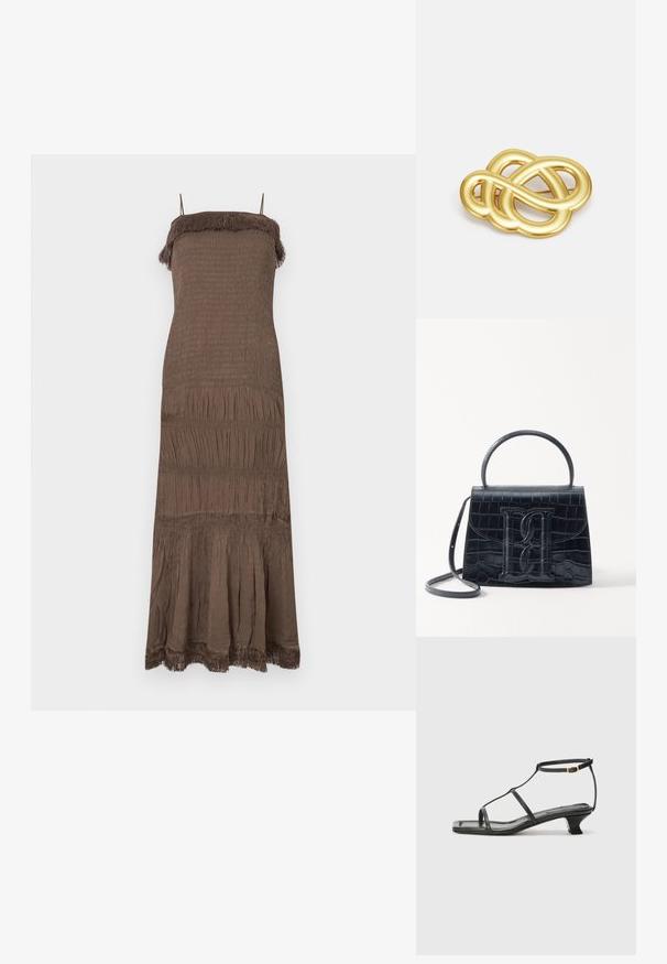 Ruskea, hihaton mekko, jossa on smokkattu yläosa, kerrostettu hame ja hapsureunus kaula-aukossa ja helmassa. Pehmeä, teksturoitu kangas.; Musta nahkasaapas, jossa on neliön muotoinen kärki, ohuet hihnat, säädettävä nilkkahihna ja matala korko. Hihnassa on pieni kultainen yksityiskohta.; Musta krokotiilivoimalla painettu nahkakäsilaukku, jossa on jämäkkä muotoilu, yläkahva, säädettävä hihna ja erottuva etuosan logoyksityiskohta.; Kultasävyinen rinnaneula, jossa on solmittu muotoilu, sileät, kaarevat viivat ja monimutkainen muoto, heijastaen kiiltävää pintaa.