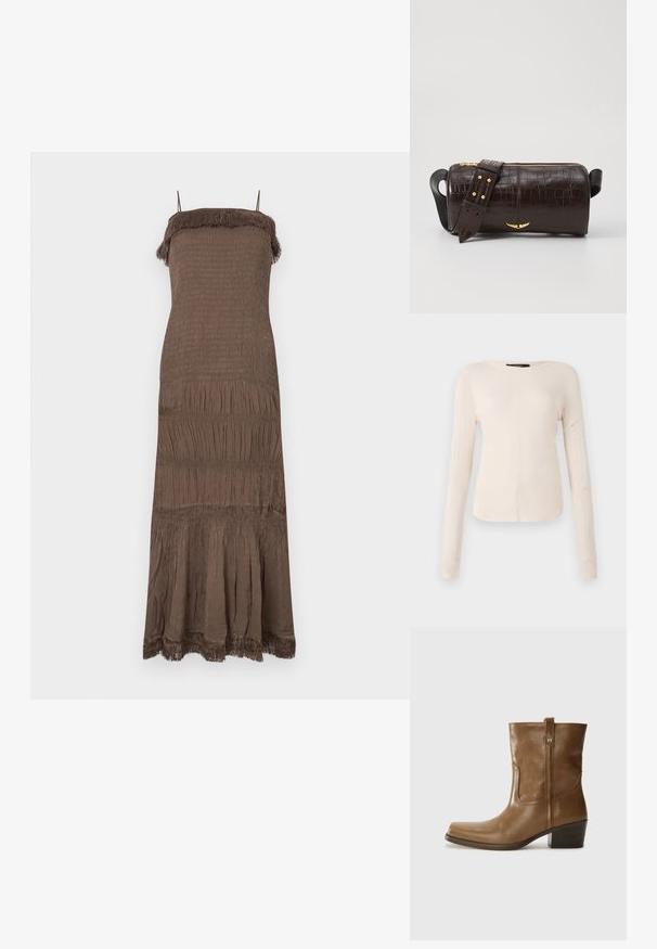 Brown, sleeveless dress featuring a smocked bodice, tiered skirt, and fringe detailing at the neckline and hem. Soft, textured fabric.; Long-sleeve, light beige top with a round neckline. Made of soft fabric, features a central seam and slightly curved hem. No visible hardware.; Brown leather ankle boot with a square toe, textured finish, and a low stacked heel. Features a rear pull tab and subtle stitching details.; Brown crocodile-embossed leather bag with a cylindrical shape, gold-tone hardware, and a detachable strap featuring studs.