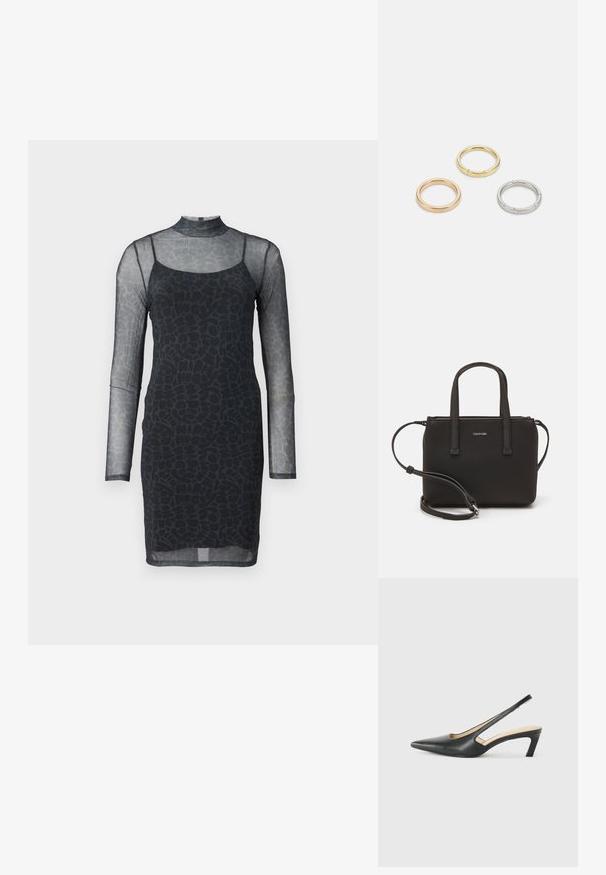 Juoda suknelė su ilgomis permatomomis rankovėmis ir aukštu kaklu. Savybė - prigludęs siluetas ir abstrakti tekstūra, integruota į audinį.; Juodas smailus slingback batelis su žemu kulnu, pagamintas iš lygaus odos paviršiaus ir su išpjovomis šone, užtikrinančiomis oro pralaidumą.; Juoda rankinė su dviem trumpais rankenėlėmis ir nuimamu petį. Lygaus odos tipo medžiaga su užtrauktuku ir logotipo detale.; Trys metalinės žiedai: vienas rožinės aukso, vienas auksinis su tekstūruotais akcentais ir vienas sidabrinis, visi su įmintu ženklinimu vidinėje juostoje.