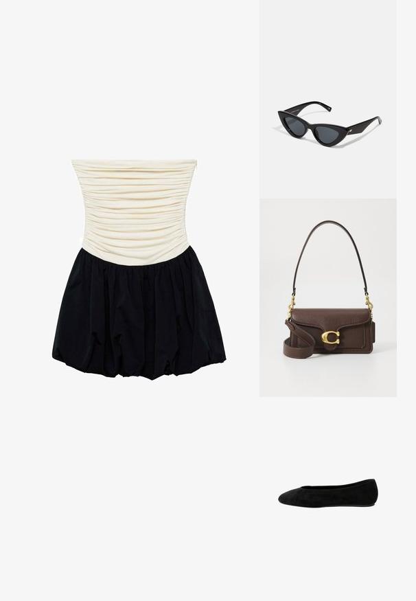 Šaty bez ramienok s riaseným krémovým telom a voľnou čiernou sukňou, s hladkou textúrou a siluetou do A.; Čierne semišové balerínky s okrúhlym špičkou, hladkým povrchom, nízkym podpätkom a jednoduchým designom bez ozdôb.; Mačacie slnečné okuliare s lesklým čiernym plastovým rámom, tmavými sklami a zlatými detailmi na spánkoch. Ostrý dizajn s hladkými líniami.; Hnedá textúrovaná kožená kabelka so zlatou sponou, nastaviteľným remienkom a uzáverom na klopu. Obsahuje malú prívesok pripojený pre prídavný detail.