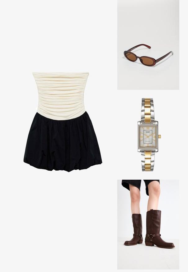 Oblačilo brez naramnic z nabiranjem na kremastem bodiju in tekočim črnim krilom, z gladko teksturo in A-linijo silhueto.; Rjave usnjene čizme do kolen s zaobljenim nosom, teksturirano površino, trakovi okoli gležnja in srebrni detajli; zasnovane s steknjenim peto.; Okrogle, rjavo obarvane sončne naočare z sijočim burgundskim okvirjem. Tanek nosilec s subtilnim logotipom. Oblika leč je ravna.; Casiojeva kvartsna ura s pravokotno srebrno številčnico, z zlatimi poudarki in dvobarvnim kovinskim pasom v srebrni in zlatem. Ima vodoodporno funkcijo.