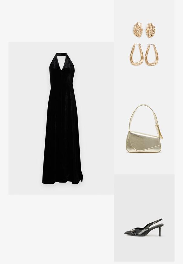 Črna žametna obleka s halter vratnim izrezom in globokim V izrezom ter krilom do tal na enobarvni beli podlagi.; Črne patentne usnjene sandale s koničastim nosom, zankami okoli gležnja s srebrnimi sponkami in opremo ter vitkimi petami.; Zlata metalna torbica z urejenim dizajnom, gladko teksturo in nastavljivim trakom. Ima edinstveno trikotno obliko in minimalistično šivanje.; Zlato obarvani uhani z teksturiranimi, valovitimi oblikami. Vključujejo skulpturalne sponke za ušesa in odprto obliko obročka s kladivastim finišem.