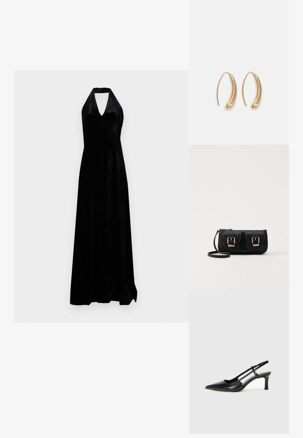 Juodas aksominis suknias be rankovių, su giliu V formos iškirpimu ir grindis siekiančiu sijonu ant baltos fono.; Juodai lakuoti slingback aukštakulniai su smailiu nosiu, su tekstūruotu gyvatės raštu, reguliuojama juosta ir trumpu, tekstūruotu blokiniu kulnu.; Juodas odinis per petį nešiojamas krepšys su dviem priekiniais kišenėmis, auksiniais sagtimis, užtrauktuko uždarymu ir siauromis petnešomis. Textūruota paviršius ir kompaktiškas stačiakampis formatas.; Auksinės metalinės auskarų kabės su lenktą, pailgą forma. Turi lygų, blizgantį paviršių ir užapvalintą galiuką papildomam akcentui.