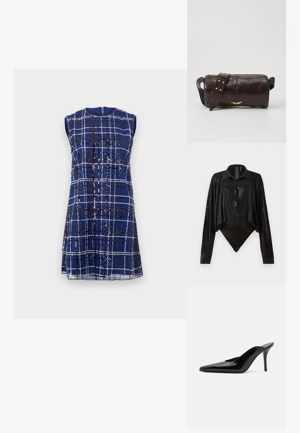 Vestido sem mangas azul com padrão de xadrez branco e preto, enfeitado com lantejoulas pretas, fechamento frontal com zíper e decote redondo.; Bodysuit preto com mangas longas, decote em V e silhueta ajustada. Feito de um tecido brilhante e suave, com colarinho e punhos estruturados.; Mule de salto alto em couro envernizado preto com ponta fina e uma silhueta elegante, apresentando um calcanhar aberto e um salto stiletto esbelto.; Bolsa de couro com textura de crocodilo na cor marrom, com forma cilíndrica, metalizações em tom dourado e uma alça destacável com tachas.