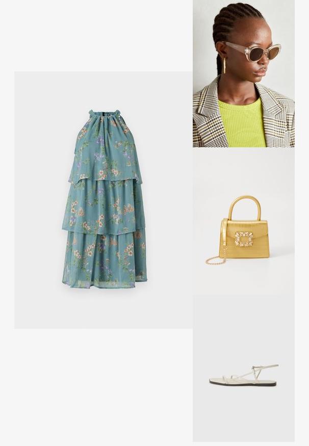 Φόρεμα με σταδιακή κατανομή και χωρίς μανίκια σε ανοιχτό τυρκουάζ ύφασμα με λουλουδάτα μοτίβα, διαθέτοντας συγκεντρωμένο ντεκολτέ και επίπεδα στρώματα για μια ροή σχεδίαση.; Μπεζ επίπεδες σαγιονάρες με πολλές λεπτές λωρίδες και ρυθμιζόμενο κούμπωμα. Η σόλα είναι επίπεδη με ελαφρώς σκούρα αντίθεση στην άκρη.; Διαφανή γυαλιά ηλίου cat-eye με καφέ φακούς. Μοντέλο που φοράει πράσινη ριγέ μπλούζα και καρό σακάκι. Χρυσά σκουλαρίκια κρίκοι.; Κίτρινη τσάντα φουσκωτού κροκοδείλου με δομημένο σχέδιο, επάνω χερούλι, αποσπώμενο αλυσίδα και διακοσμητική κρυστάλλινη επένδυση στο κούμπωμα.