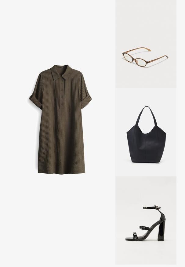 Abito verde oliva a maniche corte con scollatura a colletto, chiusura a bottoni e tessuto a coste testurizzato. Maniche arrotolate e vestibilità morbida.; Sandali con tacco in vernice nera, con punta squadrata, cinturini alla caviglia e fibbie in argento. Presentano un tacco a blocco spesso per maggiore stabilità.; Occhiali tortoiseshell marroni con lenti ovali, aste sottili e dettagli trasparenti. Presentano un logo sottile sulla tempia. Design elegante e leggero.; Borsa tote nera realizzata in pelle liscia, con una parte superiore curva e aperta, dotata di due manici per spalla e un design minimalista.