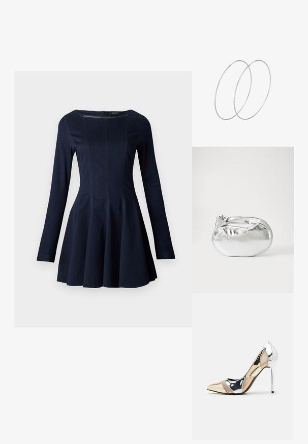 Mornarsko modra jeans obleka z dolgimi rokavi, ki ima prilagojen bodice in široko krilo, s subtilnimi šivi in okroglim izrezom.; Čevlji z visoko peto in konico, v barvni kombinaciji srebrne, zlate in nude. Sijajna obdelava z izrezljanim dizajnom, z igličasto peto.; Srebrna kovinska torbica z mehko, zaobljeno obliko in zavezano zgornjo zaporo. Narejena iz gladkega umetnega usnja.; Srebrne uhane v obliki obroča z minimalističnim dizajnom. Krožna oblika, gladka tekstura in tanek profil. Lahki s poliranim zaključkom.
