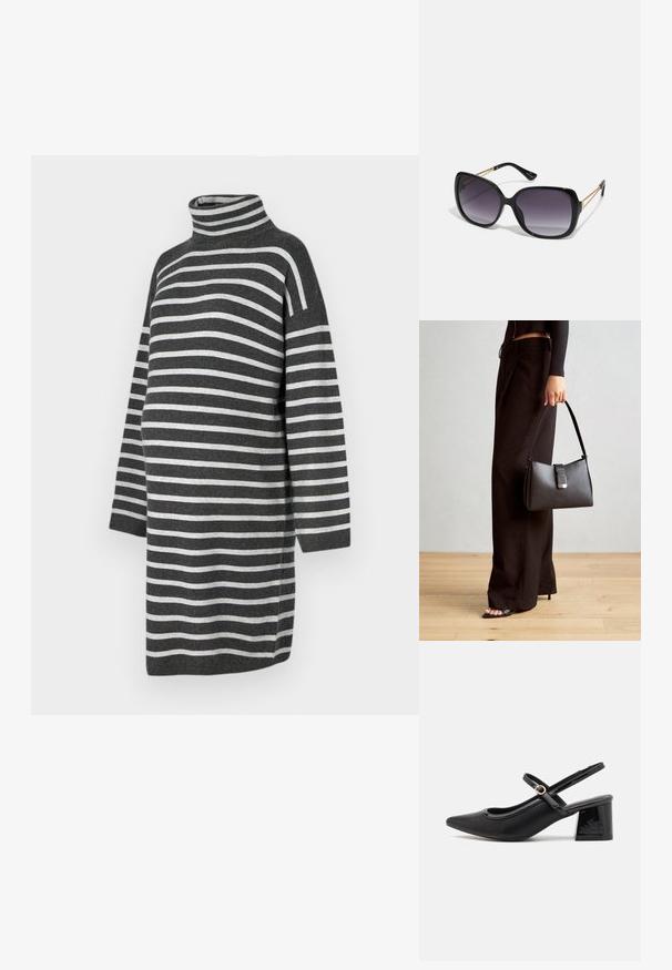 Juostuotas nėščiųjų suknelė tamsiai pilkos ir šviesiai pilkos spalvų, su aukštu kaklu, laisvu siluetu ir ilgomis rankovėmis, pagaminta iš minkšto megztinio audinio.; Juodi patentinio odos slingback aukštakulniai su smailiu pirštu, apvaliu išpjovimu ir blokiniu kulnu. Papuošti auksiniu juostos akcentu.; Juodos didelės saulės akinių su pereinamais objektyvais, storomis rėmeliais ir auksinės spalvos grandinėmis ant šventyklų.; Juodas rankinė struktūrizuota forma, lygi tekstūra ir metalinis užsegimas. Suporuota su plačiomis juodomis kelnėmis ir atvirais bateliais ant medinių grindų.