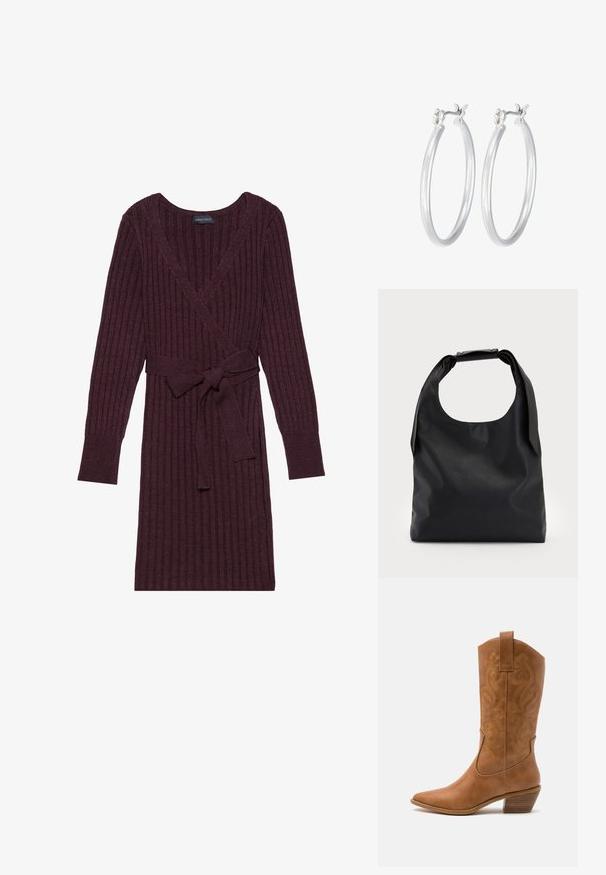 Abito avvolgente a coste color mogano con maniche lunghe, scollo a V e una cintura coordinata in vita. Tessuto morbido con motivo verticale.; Stivale cowboy in pelle marrone chiaro con punta affusolata, modelli ricamati a spirale sull'asta e tacco a blocco impilato. Presenta una linguetta per una facile calzata.; Borsa hobo in pelle nera con un manico unico, morbido e arrotondato; presenta una texture liscia e un design minimalista. Nessun hardware o accenti visibili.; Orecchini a cerchio in argento con una finitura liscia e lucida. Forma rotonda e chiusura a scatto sicura. Design leggero adatto per l'uso quotidiano.