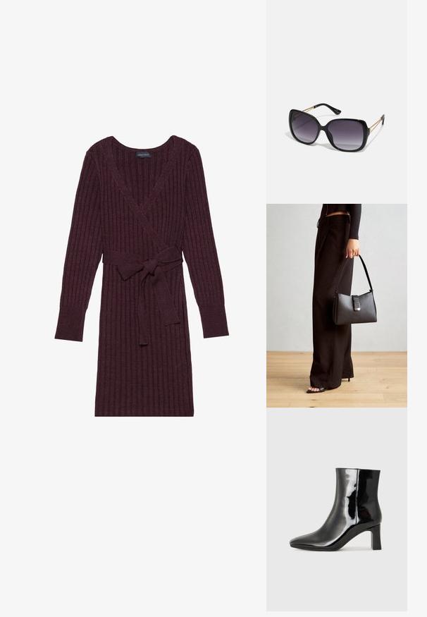 Bordo juostelės megztas surištas suknelė su ilgomis rankovėmis, V formos iškirpimu ir derančiu diržu juosmeniui. Minkšta tekstūra su vertikalia rašto struktūra.; Juodos lakuotos odinės aulinukės su smailiu pirštu ir vidutinio aukščio blokuotu kulnu. Lygus paviršius ir minimalistinis dizainas.; Juodos didelės saulės akinių su pereinamais objektyvais, storomis rėmeliais ir auksinės spalvos grandinėmis ant šventyklų.; Juodas rankinė struktūrizuota forma, lygi tekstūra ir metalinis užsegimas. Suporuota su plačiomis juodomis kelnėmis ir atvirais bateliais ant medinių grindų.