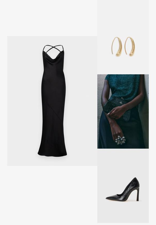 Lang sort satin aftenkjole med krydsede spaghettistropper og draperet halsudskæring, tætsiddende silhuet der strækker sig ned til gulvet.; Sorte spidse tå stiletto-sko i krokodilleskind med et strømlinet design, høj hæl og glat sort inderside.; Sorte clutchtaske med krokodillemønster og sølvhardware, holdt mod en tekstureret grå baggrund. Har en blank overflade.; Guldfarvede metal hoops øreringe med en bøjet, forlænget form. Har en glat, skinnende overflade og en afrundet spids for ekstra detalje.