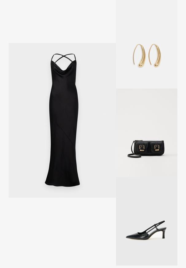 Ilga juoda satino vakarinė suknelė su kryžminiais špagetės formos petnešomis ir drapėtiniu iškirpimu, prigludusio silueto, besitęsianti iki grindų.; Juodai lakuoti slingback aukštakulniai su smailiu nosiu, su tekstūruotu gyvatės raštu, reguliuojama juosta ir trumpu, tekstūruotu blokiniu kulnu.; Juodas odinis per petį nešiojamas krepšys su dviem priekiniais kišenėmis, auksiniais sagtimis, užtrauktuko uždarymu ir siauromis petnešomis. Textūruota paviršius ir kompaktiškas stačiakampis formatas.; Auksinės metalinės auskarų kabės su lenktą, pailgą forma. Turi lygų, blizgantį paviršių ir užapvalintą galiuką papildomam akcentui.