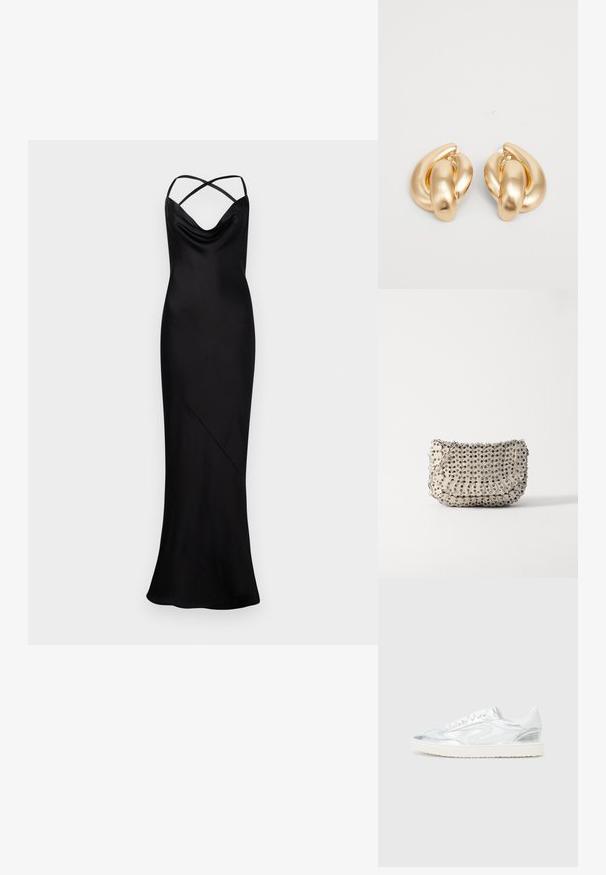 Długa, czarna satynowa sukienka wieczorowa z krzyżującymi się ramiączkami i drapowanym dekoltem, dopasowana sylwetka sięgająca do podłogi.; Białe sneakersy z metalicznymi srebrnymi akcentami, gładka tekstura, okrągły nosek, płaska podeszwa i tradycyjny design na sznurówki.; Rabanne - Torebka; Złote kolczyki metalowe o skręconym wzorze z gładką, błyszczącą powierzchnią i zaokrąglonymi kształtami. Każdy z nich ma około 2 cali.