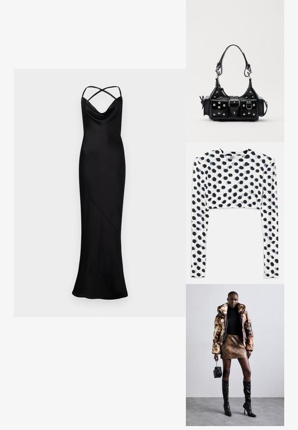 Garšs melns satīna vakarkleita ar krustveida šaurām siksnām un uzkārtoņu dekoltē, pieguloša silueta, kas stiepjas līdz zemei.; Sagriezta garām piedurknēm topa daļa stiepjama baltā audumā ar melnu punktiņu dizainu, ar gludu tekstūru un apaļu apkakli.; Puffa jaka ar brūnu un melnu rakstu, kombinēta ar brūnu čūskas raksta mini svārkiem, melniem līdz ceļgala zābakiem un mazu melnu somiņu.; Melnas ādas rokturmais ar izliekumu, ar sudraba iedurtiem, sprādzi un divām sānu kabatām. Regulējams siksniņas garums dažādām nēsāšanas iespējām.