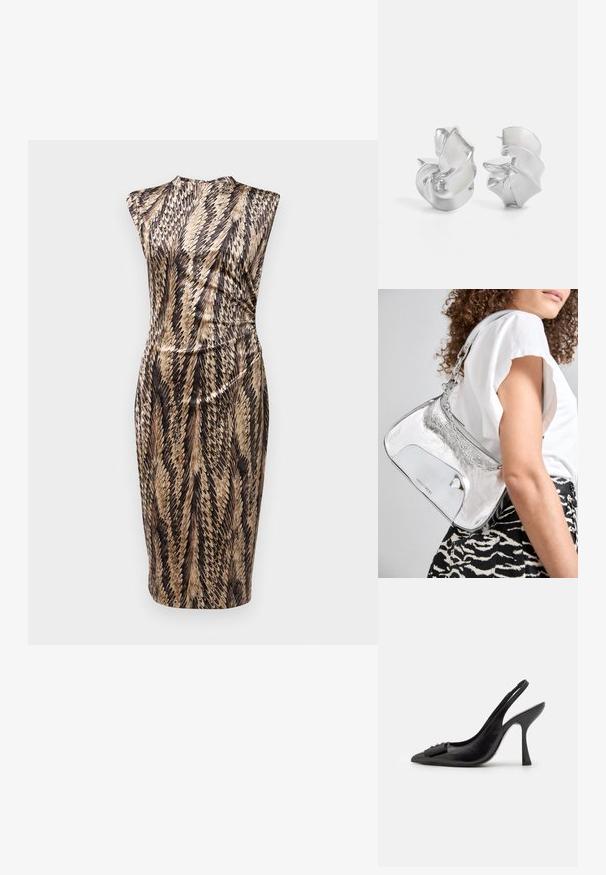 Diane von Furstenberg DARRIUS DRESS - Robe fourreau - black; Chaussure slingback en cuir noir avec un bout pointu, un talon haut fin et un accent de nœud décoratif. Texture lisse et design élégant.; Sac à épaule en métal argenté avec une texture lisse, un design incurvé, une bandoulière en chaîne et un panneau avant poli présentant une gravure discrète du logo.; Boucles d'oreilles en argent avec un design en spirale fluide. Texture lisse avec une finition polie. Présente un éclat subtil et sans ornements visibles.