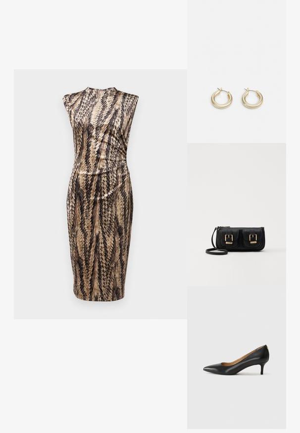 Diane von Furstenberg DARRIUS DRESS - Rochie tip creion - black; Pantofii din piele neagră au vârful ascuțit, toc mic și o textură netedă. Au o deschidere ușoară în față și un hardware minim în spate.; Geantă neagră din piele, tip crossbody, cu două buzunare frontale, catarame aurii, închidere cu fermoar și o curea subțire. Suprafață texturată și formă rectangulară compactă.; Lauren Ralph Lauren BASIC SMALL HOOP - Cercei - gold-coloured