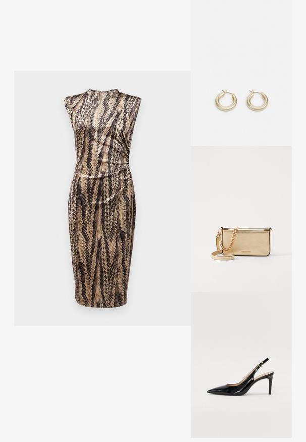 Diane von Furstenberg DARRIUS DRESS - Etuikleid - black; Schwarz lackierte Slingback-Pumps mit spitzem Zehenbereich, schlankem Absatz und einem subtilen Ausschnittdesign. Verfügt über eine goldene Schnalle am Riemen.; Metallisch goldene Leder-Clutch mit strukturierter Oberfläche, ausgestattet mit einem goldenen Kettenriemen und einem abnehmbaren Schulterriemen. Markenlogo geprägt.; Metallisch goldene Leder-Clutch mit strukturierter Oberfläche, ausgestattet mit einem goldenen Kettenriemen und einem abnehmbaren Schulterriemen. Markenlogo geprägt.; Lauren Ralph Lauren BASIC SMALL HOOP - Ohrringe - gold-coloured