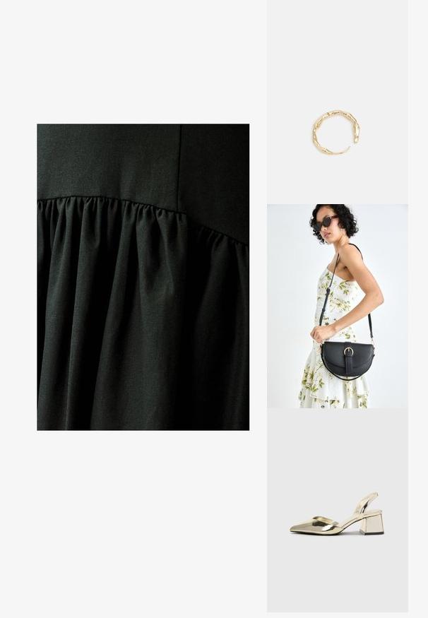 WILLA QIN - Maksi suknelė - black; Auksiniai, metaliniai slingback aukštakulniai bateliai su smailiu pirštu ir masyviu kulnu. Lygus paviršius, minimalizmo dizainas ir siaura juostelė.; Juodas odinis krepšys su išlenkta forma, nuimamu dirželiu ir auksiniais detalėmis. Krepšys turi kilpą su sagtimi.; Auksinės spalvos žiedas, turintis organišką, sukimosi dizainą su lygiu paviršiumi ir siaurėjančiais galais, sukuriantis modernią skulptūrinę išvaizdą.