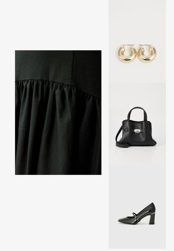 WILLA QIN - Maksimekko - black; Mustat lakatut korkokengät, joissa on terävä kärki, nilkkastrappi ja kultainen yksityiskohta kannassa. Neliömäinen lohkokannan muoto.; Mustat nahkaa oleva käsilaukku, jossa on teksturoitu pinta, kaksi yläkahvaa, irrotettava olkahihna ja hopeinen solk yksityiskohta.; Kulta-renkaat korvakorut, joissa on sileä, pyöreä muotoilu ja kiiltävä pinta. Varustettu lukolla kiinnittämistä varten. Kaiverrettu "DKNY".