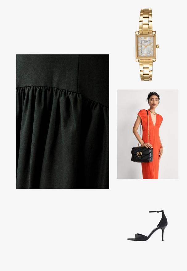 WILLA QIN - Maxi-jurk - black; Mango Sandalen met hoge hak - black; Zwarte leren handtas met een doorgestikt ontwerp en gouden hardware, met een decoratieve sluiting. De tas heeft een kettingschouderband en wordt in de hand gehouden.; Gouden rechthoekige polshorloge met een witte wijzerplaat, zilverkleurige uurmarkeringen en een duurzame metalen schakelarmband. Inclusief waterdichte functie.