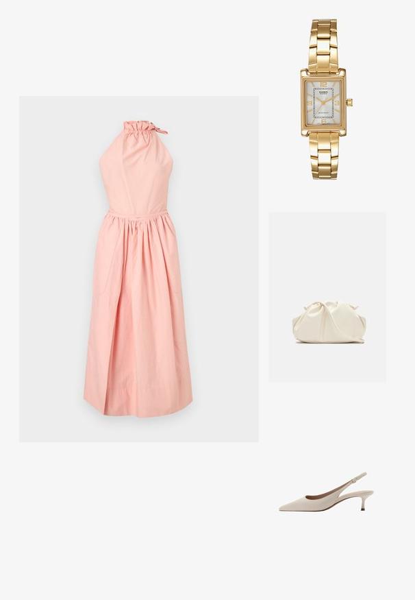 Philosophy di Lorenzo Serafini ABITO - Denní šaty - pink; Béžové lodičky na podpatku s špičatou špičkou a nízkým rozšířeným podpatkem. Vyrobené z hladké kůže s minimalistickým designem a nastavitelným páskem.; Krémová, měkká taška z umělé kůže s nabráním, nastavitelným popruhem a nenápadným stahováním. Hladký povrch a zakulacený tvar.; Zlatý obdélníkový náramkový hodin s bílým ciferníkem, stříbrnými indexy a odolným kovovým náramkem. Obsahuje voděodolnou funkci.