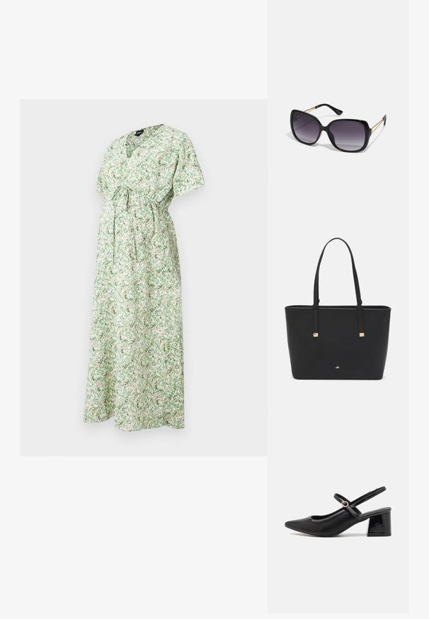 Vestido de maternidad floral con mangas cortas, escote en V, cintura ajustada y una larga falda fluida con patrones en verde y blanco.; Tacones slingback de charol negro con punta afilada, un diseño de corte redondeado y tacón bloque. Incluye un detalle de hebilla en tono dorado.; Gafas de sol negras de gran tamaño con lentes degradados, montura gruesa y detalles de cadena en tono dorado en las patillas.; Bolso tote negro hecho de material sintético, con un diseño rectangular simple, acentos cuadrados dorados y asas dobles.