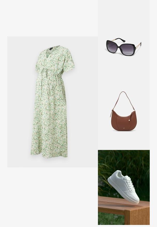 Blomstergravidekjole med kort erm, v-hals, innsvingt midje og langt, flytende skjørt i grønn og hvit mønster.; Hvite sneakers med en glatt syntetisk overdel, perforert tåboks, flate snørebånd og en teksturert såle, vist på en treflate.; Sorte oversized solbriller med gradient linser, tykke rammer og detaljering med gulltonekjede på tempelarmene.; Brun kunstlæder skuldertaske med buet form, minimal syning og detaljer i guld-tonet hardware. Har en top lynlås lukning og justerbar rem.