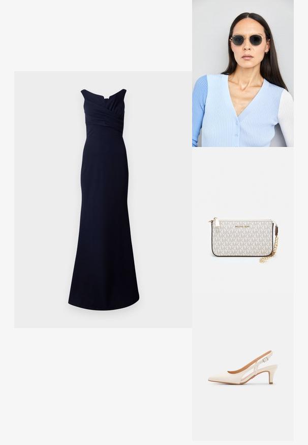 Námořnická modrá dlouhá šaty s přiléhavým korzetem a výstřihem do V. Tkanina je hladká s nařasenými detaily přes hrudník.; Bílé lodičky na podpatku s špicatou špičkou, hladkým svrškem, nízkým blokovým podpatkem a designem s bočním výřezem se stahovací sponou.; Kulaté sluneční brýle s tmavými čočkami a zlatými rámy. Modelka má na sobě světle modrý žebrovaný kardigan s knoflíky a kontrastními bílými rukávy.; Kabelka na zápěstí Michael Kors v béžové potažené plátno s opakujícím se vzorem loga MK, zlatými kovovými doplňky a odnímatelným řetízkovým popruhem.