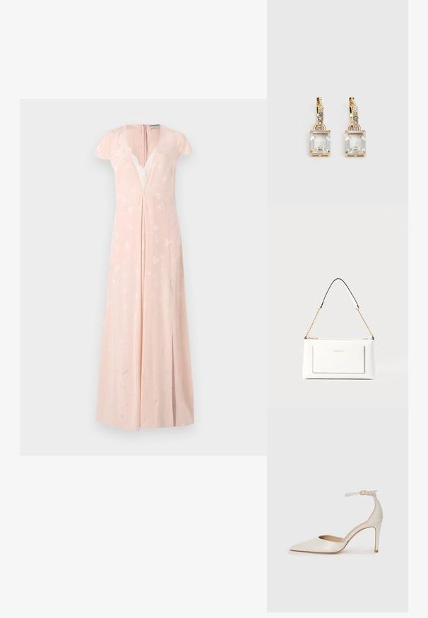 Jasnoróżowa sukienka z krótkimi rękawami, głębokim dekoltem w kształcie V, koronkowymi detalami i subtelnymi wzorami serc; długa do ziemi z bocznym rozcięciem.; Białe skórzane szpilki z ostrym noskiem, paskiem wokół kostki i cienką szpilkową obcasem. Gładka faktura z subtelnym połyskiem.; Biała skórzana torebka o teksturowanym wykończeniu, z złotą łańcuszkową rączką i czarnymi akcentami. Zawiera przednią kieszeń oraz zamek błyskawiczny.; Złote kolczyki z prostokątnym, przezroczystym kryształem zwisającym poniżej rzędu małych, okrągłych, przezroczystych akcentów. Elegancki, nowoczesny design.
