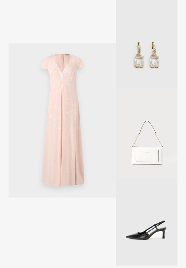 Světle růžové šaty s krátkými rukávy, hlubokým výstřihem do V, krajkovými detaily a jemnými vzory srdcí; dlouhé až k podlaze se bočním rozparkem.; Černé lakované slingback podpatky s špičatou špičkou, zdobené texturovaným hadím vzorem, nastavovacím páskem a krátkým texturovaným blokovým podpatkem.; Bílá kožená kabelka s texturovaným povrchem, zdobená zlatým řetízkem a černými akcenty. Obsahuje přední kapsu a uzavírání na zip.; Náušnice ve zlatém odstínu s obdélníkovým, průhledným krystalem zavěšeným pod řadou malých, kulatých průhledných akcentů. Elegantní, moderní design.