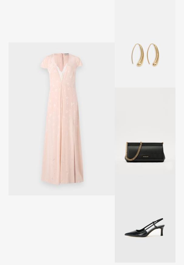 Helles pinkes Kleid mit kurzen Ärmeln, tiefem V-Ausschnitt, Spitzenverzierungen und subtilen Herzmustern; bodenlang mit einem seitlichen Schlitz.; Schwarze Lack-Slingback-Pumps mit spitzem Zehenbereich, versehen mit strukturiertem Schlangenprint, verstellbarem Riemen und einem kurzen, strukturierten Blockabsatz.; Schwarze Leder-Clutch mit einer goldenen Ketten-Trage, die eine glatte Oberfläche, rechteckige Form und geprägtes Branding auf der Vorderseite aufweist.; Goldfarbene Metall-Hoops mit einer geschwungenen, länglichen Form. Sie verfügen über eine glatte, glänzende Oberfläche und eine abgerundete Spitze für zusätzliche Details.