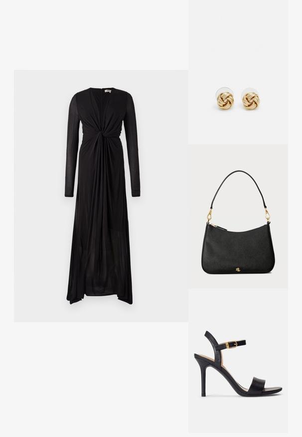 Rochie neagră cu mâneci lungi, detaliu înnodat în față și țesătură fluidă. Are un decolteu adânc în V și un tiv gradual pentru o cădere elegantă.; Sandale înalte negre, cu toc, cu un superior din piele netedă, vârf deschis și un design cu un singur bretele, accentuat cu o cataramă aurie.; Geantă de mână din piele neagră cu un design structurat, având închidere cu fermoar, curea detașabilă și accente din metal auriu.; Cercei cu tija aurie, cu un design răsucit. Fiecare cercel are un fundal circular transparent pentru o purtare sigură.