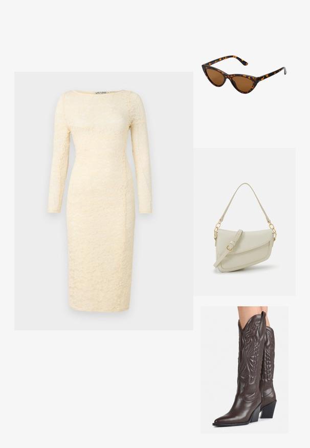 Vestido de renda creme com mangas longas, decote arredondado e silhueta ajustada. Apresenta padrão floral e barra até ao joelho.; Botas de cowboy em couro castanho com bico pontudo e salto quadrado, apresentando costuras detalhadas e realces elevados no cano.; Óculos de sol estilo gato com uma armação em tartaruga preta e laranja, lentes castanhas e pontas elegantes e pontiagudas. Apresenta um logo minimalista na haste.; Pequena bolsa de creme com um acabamento texturizado, uma alça longa ajustável, um detalhe em corrente e um fecho de aba. Detalhes em hardware dourado.