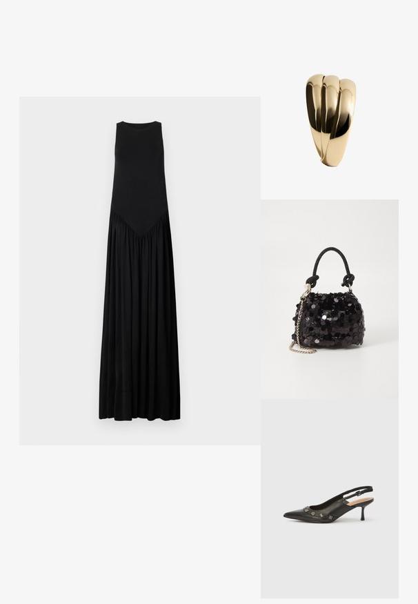 Čierne bezrukávové maxi šaty s priliehavým telom, so švom v tvare V v páse a s prúdiacou sukňou s nariasením. Hladká textúra.; Čierny kožený slingback lodička s špicatou špičkou, nízkym opätkom a dekoratívnymi kovovými detailmi pozdĺž predného otvoru. Hladká textura.; Čierna mini kabelka so štrasom, s uzlovým textúrovaným popruhom a strieborným reťazom. Guľatý tvar s riaseným vrchom a reflexnými detailmi.; Mango Náramok - gold-coloured