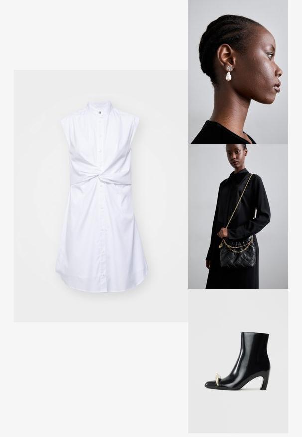 Balta be rankovių suknelė su aukštu apykaklė, priekyje su mygtukų uždarymu ir surišimu liemens srityje. Lygus audinys su šiek tiek blizgesio.; Juodi aulinukai, pagaminti iš blizgios odos, su smailia nosimi ir dekoratyviu aukso bei sidabro akcentu priekyje. Bloko kulnas.; Juodas susegamas odinis rankinukas su susiraukšlėjusia viršuje, auksine grandine ir stačiakampiu pavidalu, laikomas prieš paprastą foną.; Tory Burch STAR DROP EARRING - Auskarai - silver-coloured