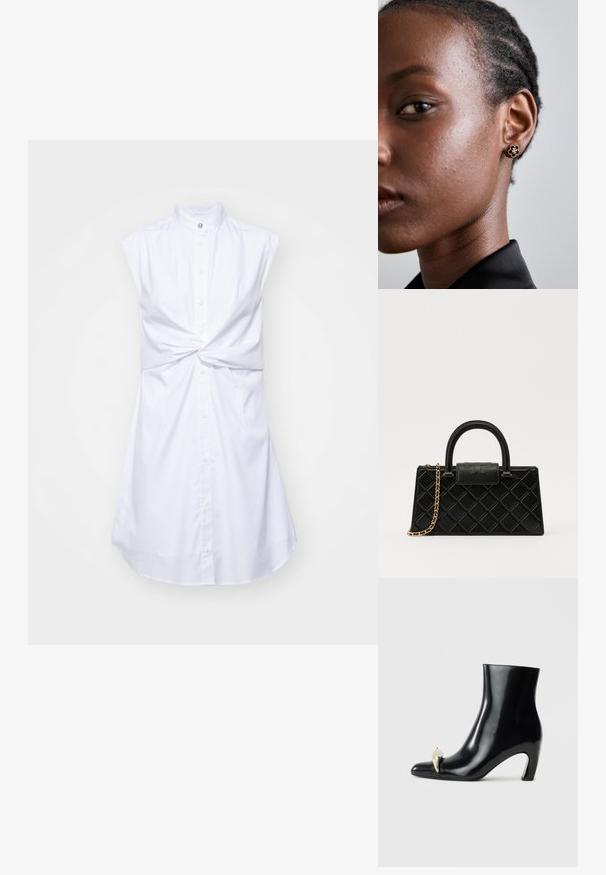 Robe blanche sans manches avec un col montant, fermeture à boutons sur le devant et un détail noué à la taille. Tissu lisse avec un léger éclat.; Bottine noire en cuir brillant, avec un bout pointu et un accent décoratif en or et argent à l'avant. Design à talon carré.; Sac à main noir en cuir texturé, avec un motif en diamant, une sangle en chaîne dorée, et une poignée supérieure avec un rabat à fermeture logotypée.; Les boucles d'oreilles en fleur dorée présentent un centre noir texturé et des détails délicats. La peau claire et les cheveux tressés du modèle sont visibles de profil.