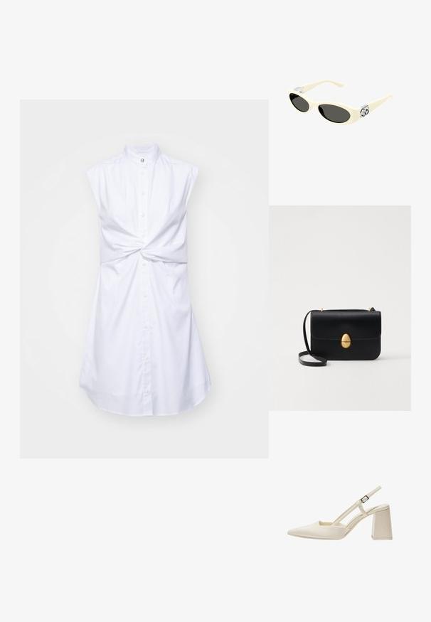 Vit ärmlös klänning med hög krage, frontknäppning och en knuten detalj vid midjan. Slät tyg med en lätt glans.; Beiga slingback-skor med spetsig tå, glänsande lackfinish, medelhög blockklack och justerbar rem. Minimalistisk design med öppna sidor.; Krämfärgade solglasögon med oval linser, svart toning och metalliska logotypdetaljer vid bågarna. Slät yta, kattöga-design.; Svart läderhandväska med en strukturerad rektangulär form. Har ett gyllene ovalt lås och ett tunt axelband. Slät textur.